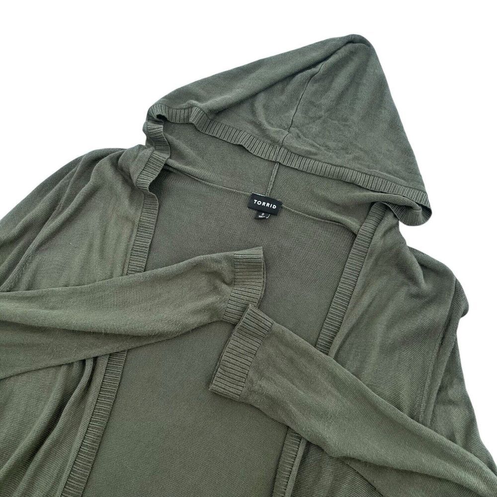 Torrid Size 0 Large Thin Knit Olive Green Open Front Tie Cardigan Sweater Hooded